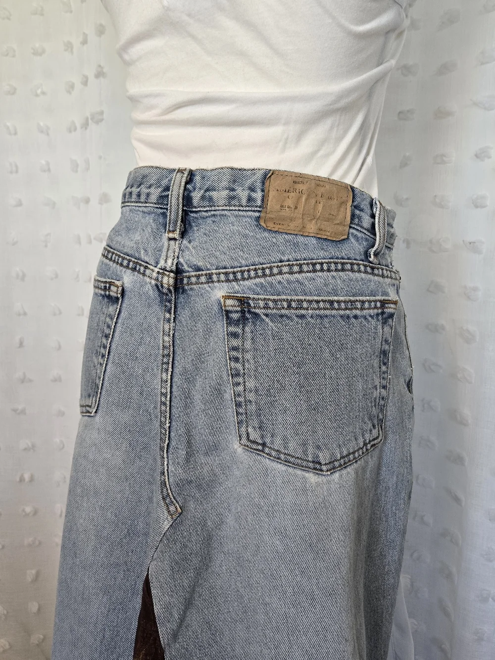 Vintage 90s American Eagle Light Wash Denim Maxi Skirt with Floral Panel - Picture 6 of 8